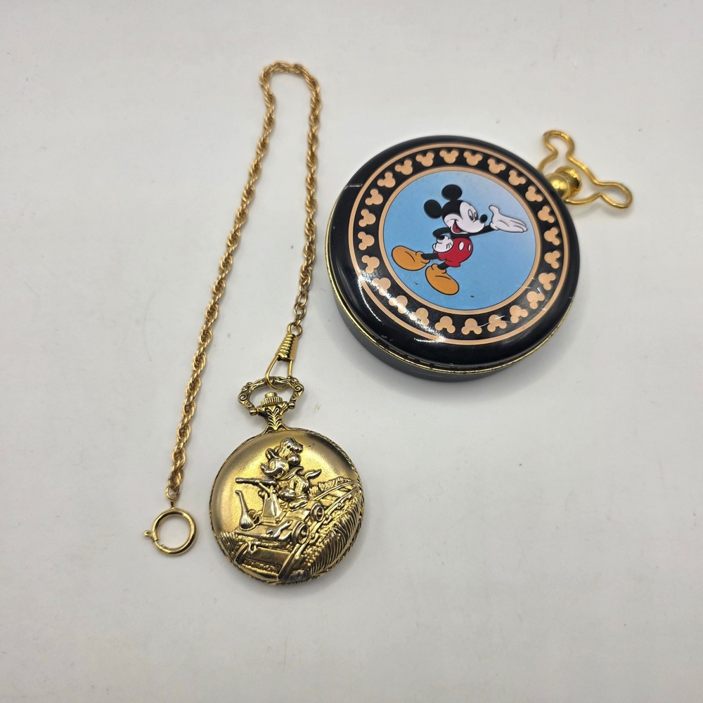 Disney Verichron Mickey Mouse Steamboat Willie Pocket Watch with Tin Gold Tone